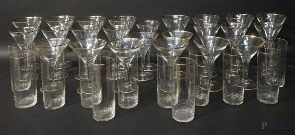 Servizio di bicchieri in vetro di Murano con finiture dorate, XX secolo