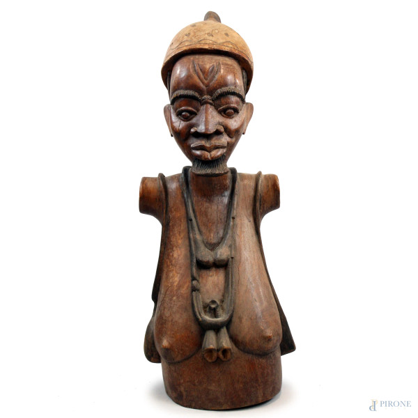 Busto di uomo africano, scultura in legno, XX secolo, cm h 104