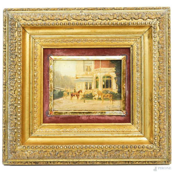 Esterno con cavalli, XIX secolo, olio su tavoletta, cm 10x14, firmato, entro cornice, (diifetti)