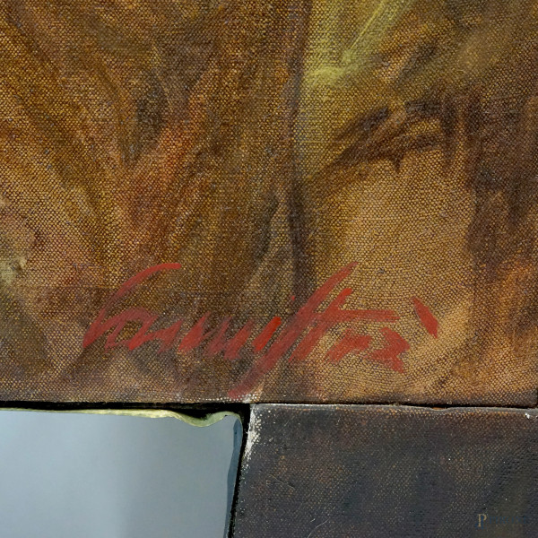 Lavoratori, olio su tela, firmato, cm 123.5x142