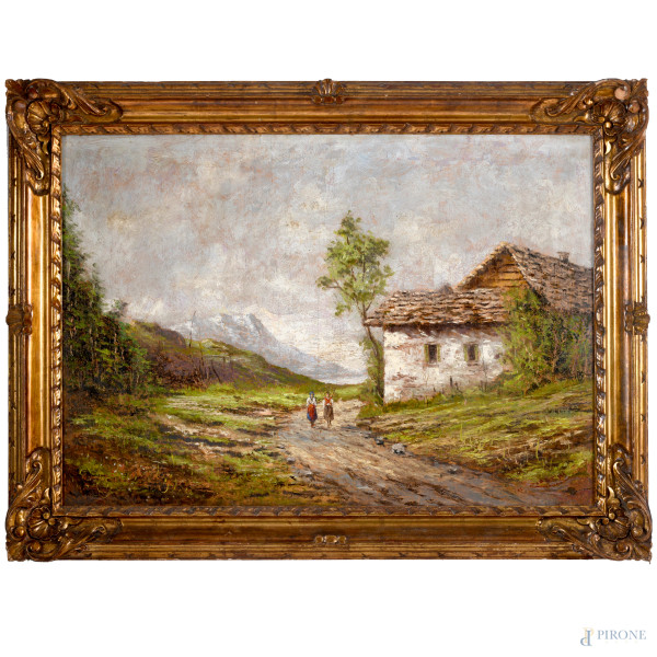 Paesaggio montano con figure sul sentiero, olio su compensato, XX secolo, cm 70x100 entro cornice, (difetti)