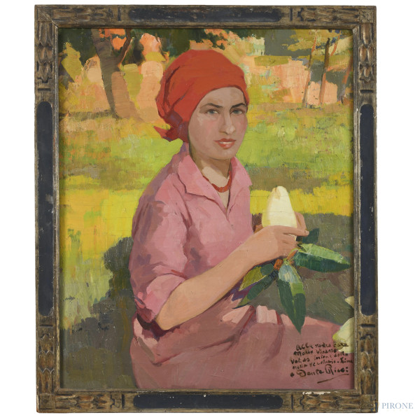 Ritratto di donna, olio su tela, cm 82x66 , dedicato e firmato in basso a destra, entro cornice, (lievi segni di usura e ondulazioni della tela). 
