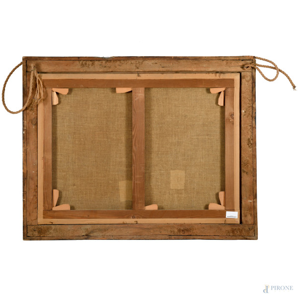 Paesaggio fluviale con figure, XVIII secolo, olio su tela, cm 71x97 entro cornice