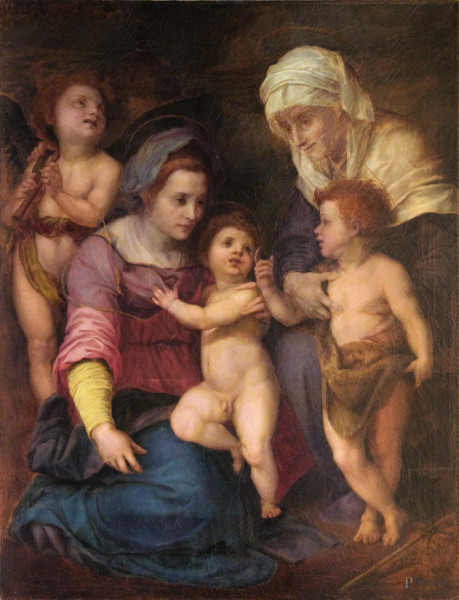Da Andrea del Sarto, pittore del XIX sec, Madonna con Bambino, San Giovannino, Santa Elisabetta ed angelo, olio su tela 137x105 cm.