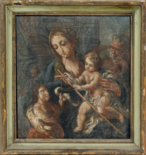Sacra Famiglia con San Giovannino, XVII sec., olio su tela, cm 37 x 34, entro cornice.