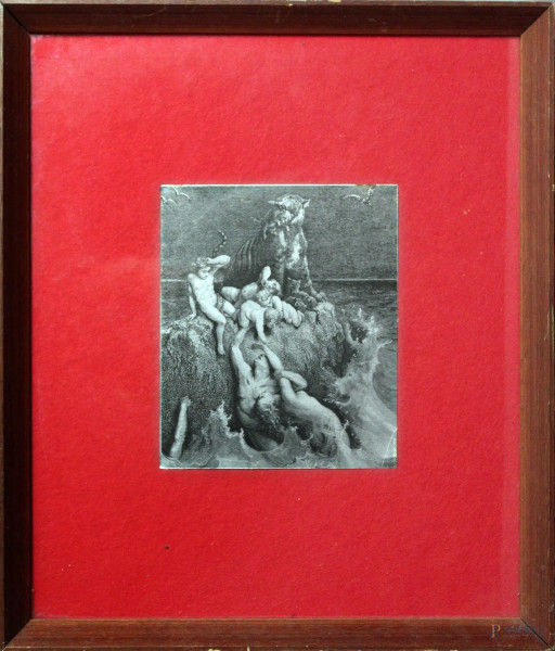 Da Gustave Dor&#232;, Il diluvio, lastra di metallo inciso, cm 18 x 15, entro cornice.