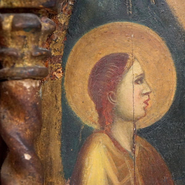 Pittore del XIX-XX secolo, Madonna con il Bambino e santi, olio su tavola, cm 68x36,5 (difetti)