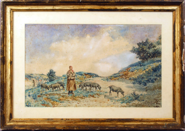 Paesaggio con pastorella e gregge, acquarello su carta, cm. 28,5x46,5, firmato entro cornice.