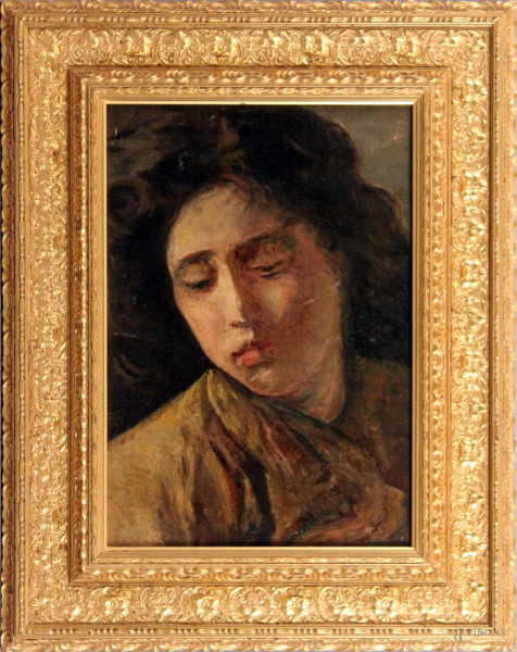 Ritratto di donna, olio su tela, cm 34x23, entro cornice.