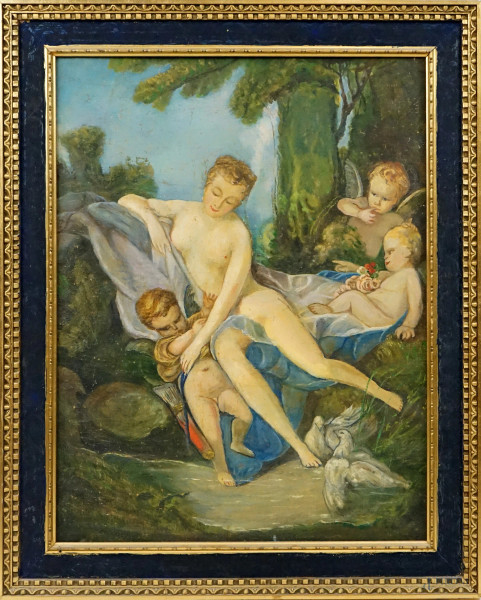 Venere, Cupido e amorini, olio su tela, cm 64,5x50, XX secolo, entro cornice.