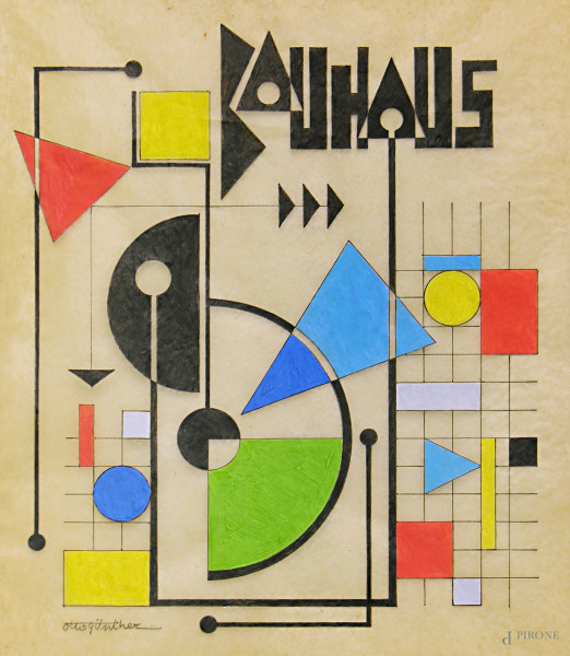 Otto Gunter (XX sec.), Composizione geometrica, tempera e inchiostro su carta, cm 33x29, firmato, entro cornice