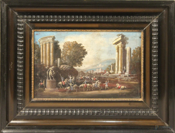 Battaglia su sfondo paesaggio con rovine, dipinto ad olio su rame, cm. 24x36, entro cornice.