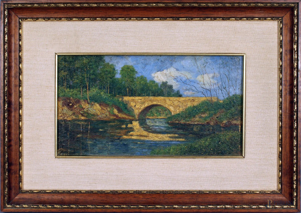 Paesaggio fluviale con ponte, olio su tavola, cm. 16,5x30, firmato Fedi, entro cornice.
