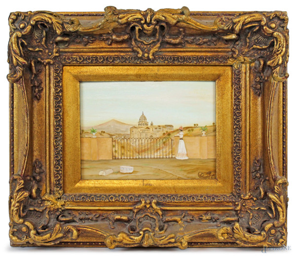 Veduta di San Pietro, olio su tavola, cm 18x24, firmato, entro cornice.