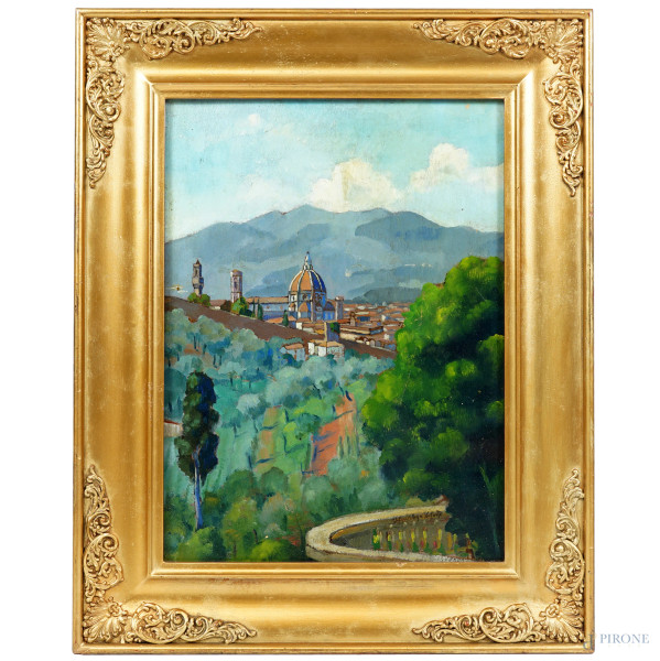 Veduta di Firenze, olio su cartone, firmato, cm 40x30, entro cornice