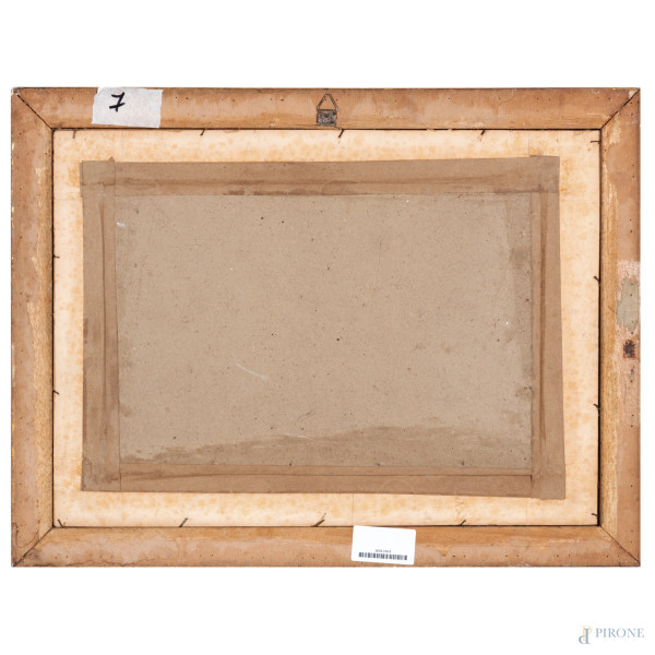 Paesaggio costiero con figure, XX secolo, tecnica mista su carta, cm 24x39, siglato in basso a si...