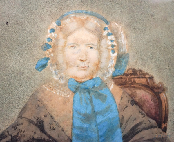 Coppia di ritratti in ovale, tecnica mista su carta, cm 24x18, entro cornice