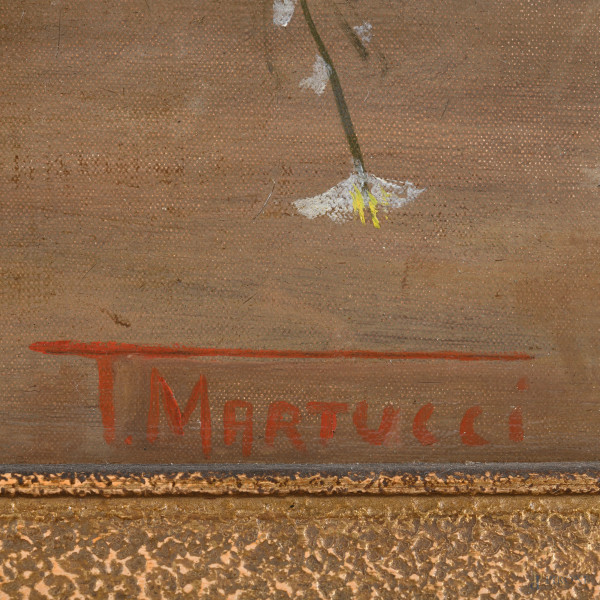 Coppia di dipinti raffiguranti vasi di fiori, olio su tela, misure massime cm 66,5x54, firmato in...