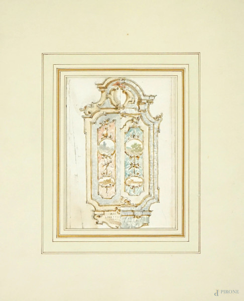 Scuola romana del XVIII secolo, decorazione di finestra per una dimora cardinalizia, matita e acquarello su carta, cm 26,5x17,5