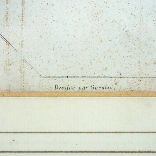 Stampa raffigurante due figure femminili con l'ombrello, da Paul Gavarni (Francia, 1804 – 1866), ...