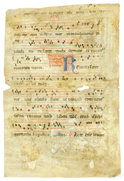 Antica pagina manoscritta su carta pergamena, cm 41x27,5, (difetti e macchie).