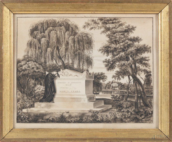 Sepolcro di Edward D. Merrick, XIX secolo, tecnica mista su carta, cm 33,5x41,5, entro cornice, (segni di usura, tracce di umidità, ondulazioni del supporto)