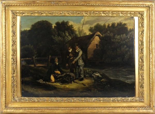 Pittore inglese del XVIII secolo, Paesaggio con pescatori, olio su tavola, cm. 39x53,5, entro cornice.