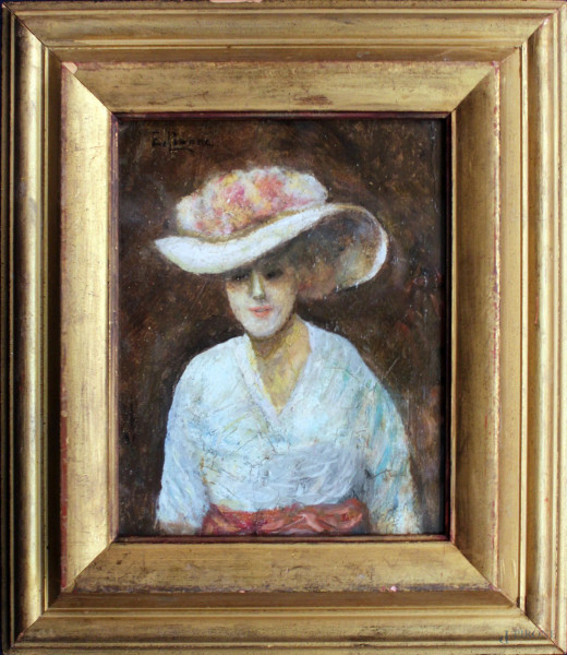 Ritratto di donna, olio su cartone, 26x21 cm, firmato, entro cornice.