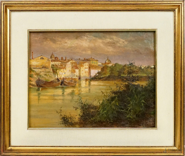 Scorcio della Roma sparita, olio su tela, cm 23,5x29,5, firmato Rasinelli, entro cornice.