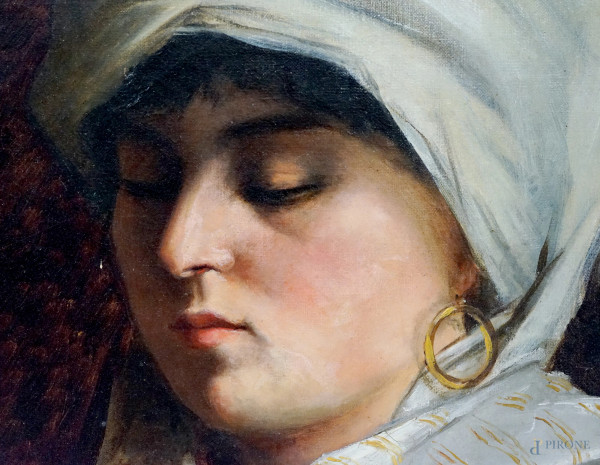 Donna orientale, olio su tela, cm 58,5x44, firmato e datato "1886" in basso a sinistra, entro cor...