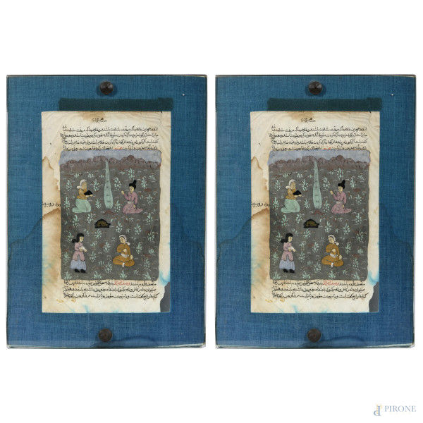 Coppia di fogli manoscritti persiani verso e recto con miniature, XIX-XX secolo, cm 30x20 (macchie, usura, piegature, lacerazioni della carta)