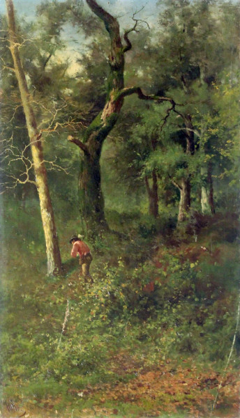 Bosco con figura, olio su tela, fine XIX sec., cm 92 x 55.