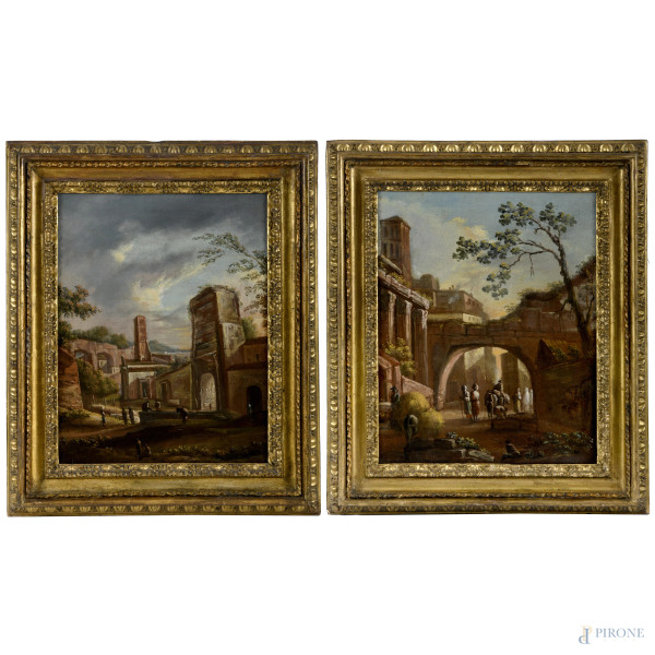 Vita a Roma, coppia di dipinti, XVIII-XIX secolo, olio su tela, cm 43,5x35, entro cornice, (difetti)