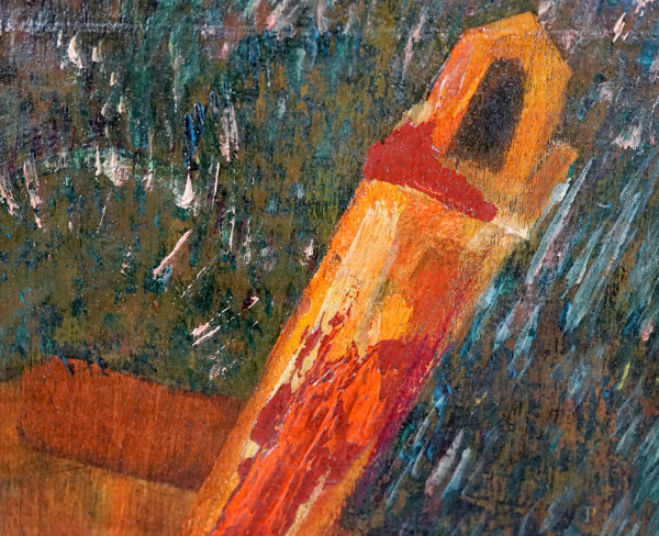 Veduta di paese, olio su compensato, XX secolo, cm 27,5x35, entro cornice