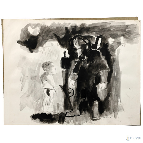Ugo Attardi (1923 – 2006), Figure, tecnica mista su carta, cm 50x64,5 , firmato e datato "961" in basso a destra, (ondulazioni della carta, segni di usura)