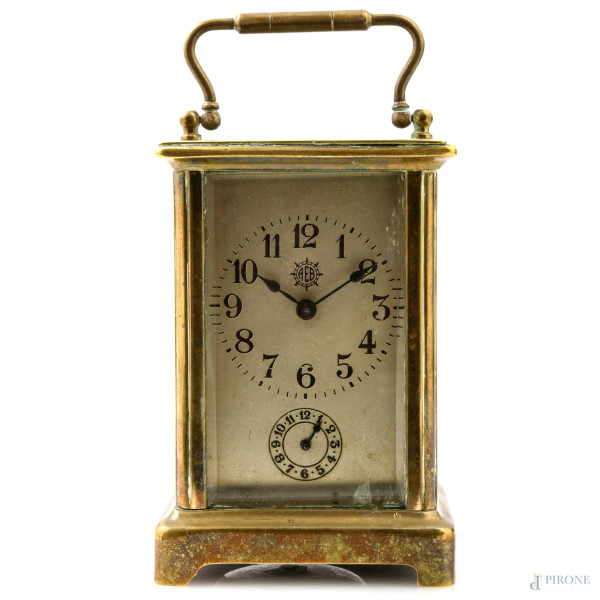 Orologio cappuccina in ottone, XX secolo, altezza cm 11,5, (segni di usura, difetti, da revisionare)