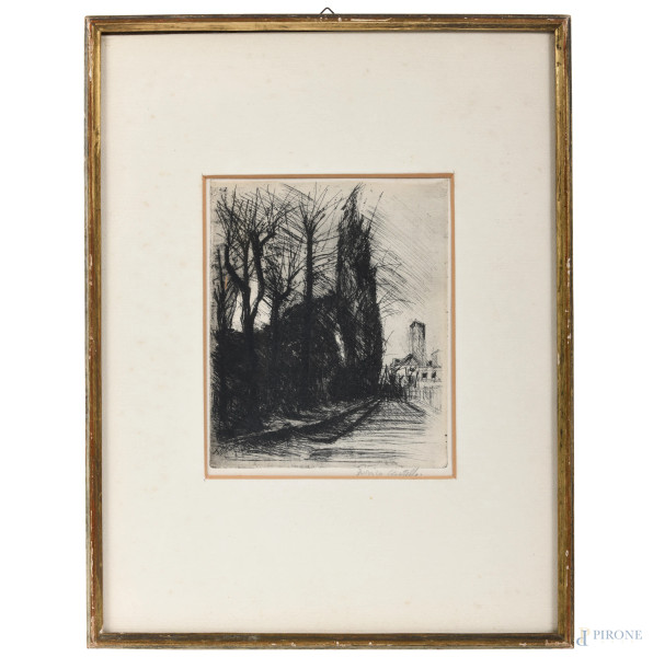 Enrico Castelli (1909-1980), Viale con cipresso, acquaforte, cm 41 x31 compreso passepartout, firmato in basso a destra, entro cornice