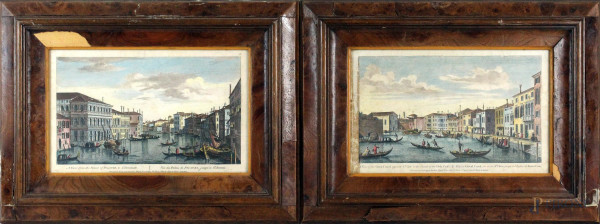 Coppia di stampe a colori raffiguranti vedute di Venezia, stampate per Carington Bowles (1724–1793), cm 17x28, entro cornici.