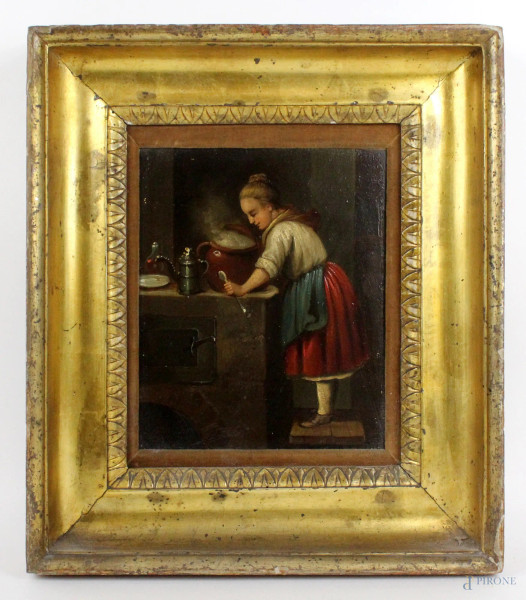 Interno con giovane cuoca, olio su lastra in metallo, cm. 24,5x20, XIX secolo, entro cornice.