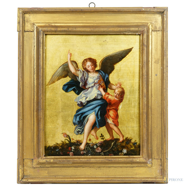 Pittore del XIX secolo,  L'angelo custode, dipinto su vetro, cm 40x34, entro cornice