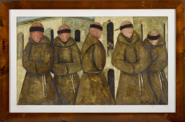 Norberto Proietti (Spello, 1927 – Spello, 2009), Frati, olio su tavola, cm 49,5x84 entro cornice