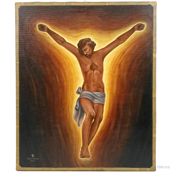 Darko  Toth Bilogorski - Cristo crocifisso, olio su tela, cm 50x60, siglato, firmato e datato in basso a sinistra TD / Toth Darko 1997