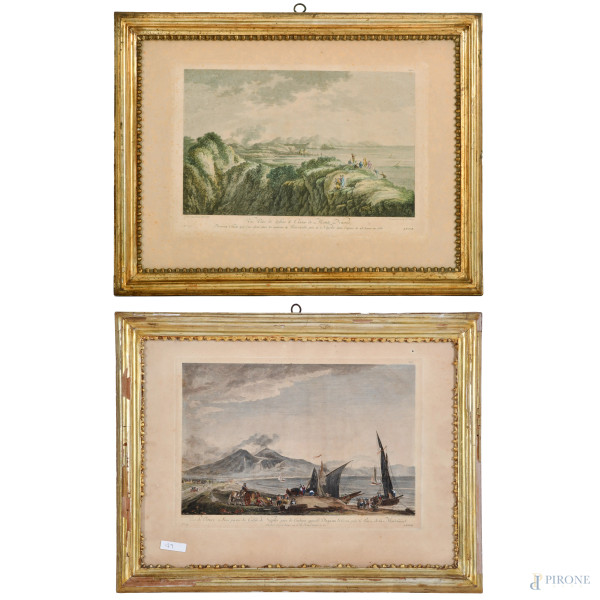 Coppia di incisioni di Napoli, XIX secolo, cm 34x46, entro cornice, (foxing e tracce di umidità)