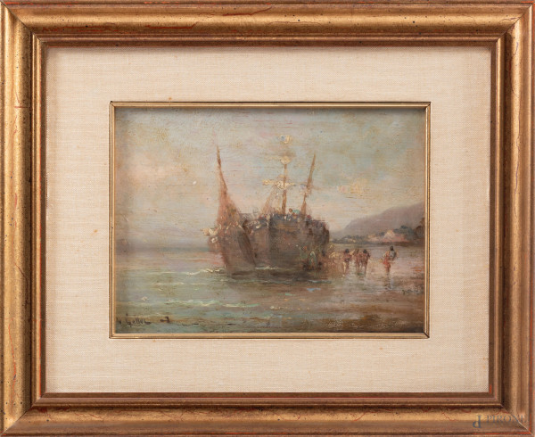 L'approdo, XX secolo, olio su tavoletta, cm 17x22, firmato e datato in basso a sinistra, entro cornice, (segni di usura, abrasioni)