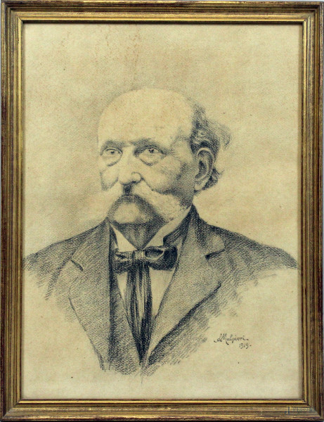 Arnaldo Malpieri - Ritratto di uomo con baffi, disegno a matita su carta, cm 40x30, entro cornice