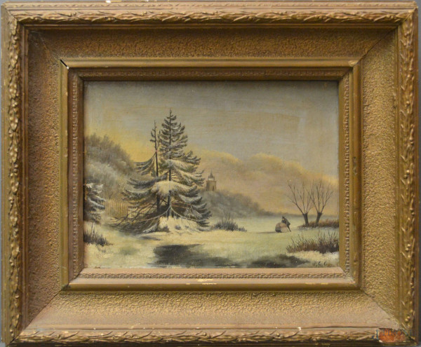Paesaggio invernale con figure e slitta , dipinto dell’ 800 ad olio su tavola 30x32 cm,entro cornice.