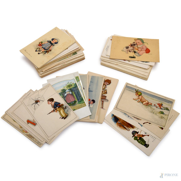 Lotto di cartoline decorate con scene di vario genere, XX secolo, cm 14,5x9,5, (difetti)
