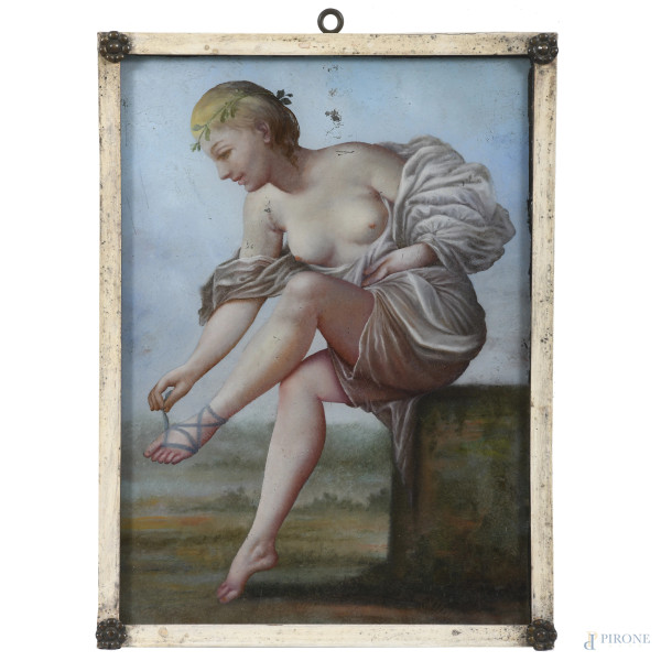 Dipinto su vetro raffigurante giovane fanciulla che si allaccia il calzare, XX secolo, cm 26x19, entro cornice, (segni di usura, difetti)