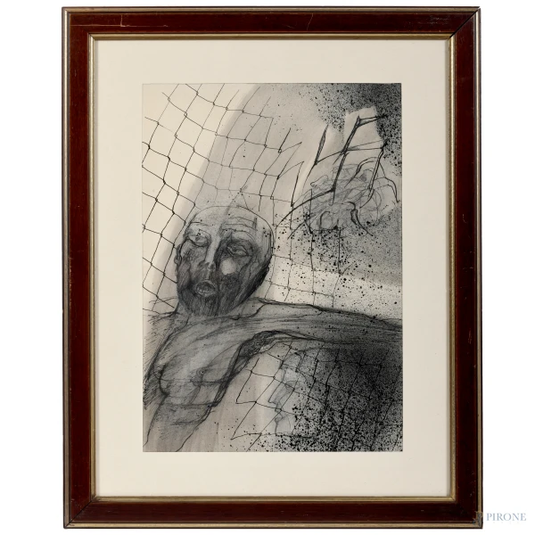 Paolo Petrò (1948), Figura, tecnica mista su carta, cm 59,5x46 compreso passepartout, entro cornice