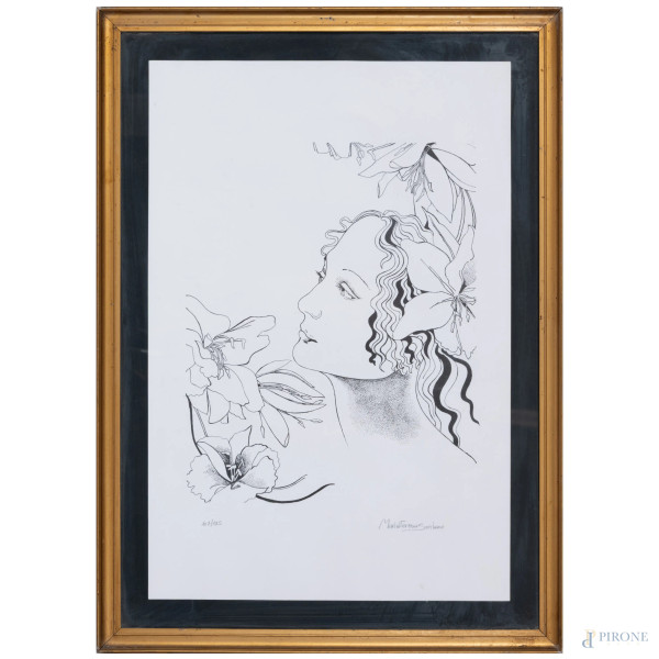 Volto di ragazza, XX secolo, litografia, es 107/127, cm 45x30, entro cornice